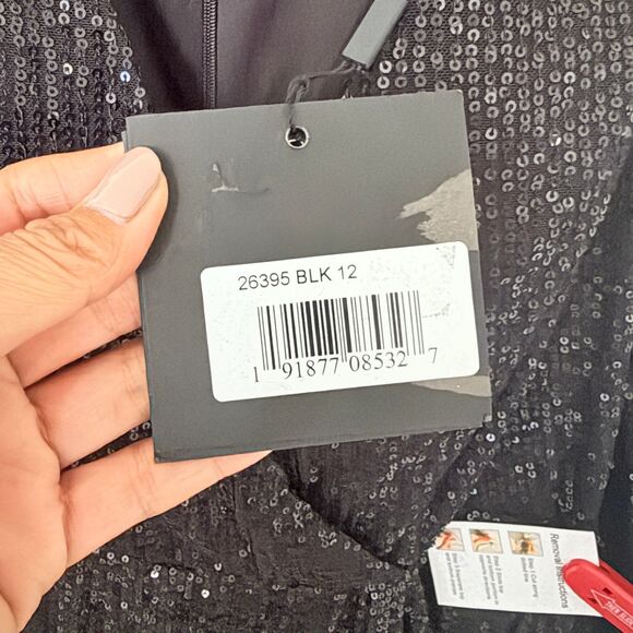 NWT Ieena for Mac Duggal Black Sequin Faux Wrap Long Sleeve Ruched Gown Sz 12 - Picture 8 of 10